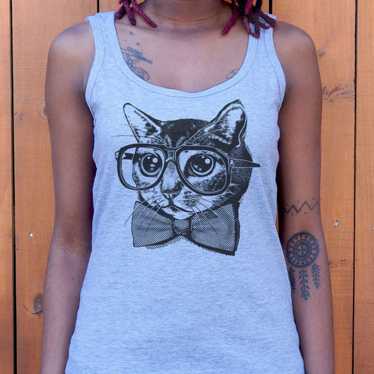 Nerd Cat Graphic Women's Tank Top in Gray Granite