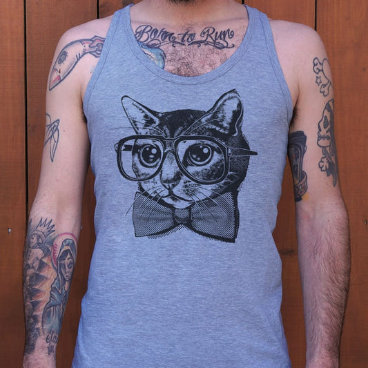 Nerd Cat Graphic Men's Tank Top in Gray Heather