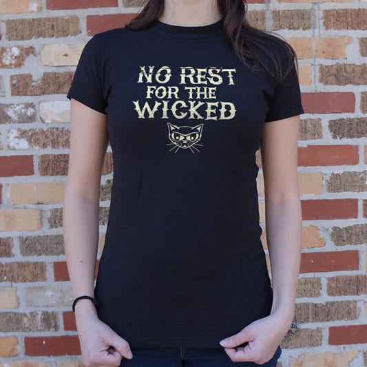No Rest For The Wicked Sly Cat Design graphic Women's T-Shirt in Midnight