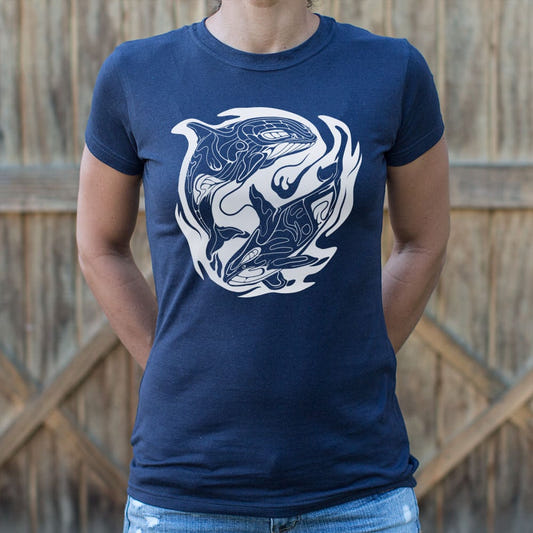 Orca Storm Tribal Killer Whale Yin Yang Design graphic Women's T-Shirt in True Navy