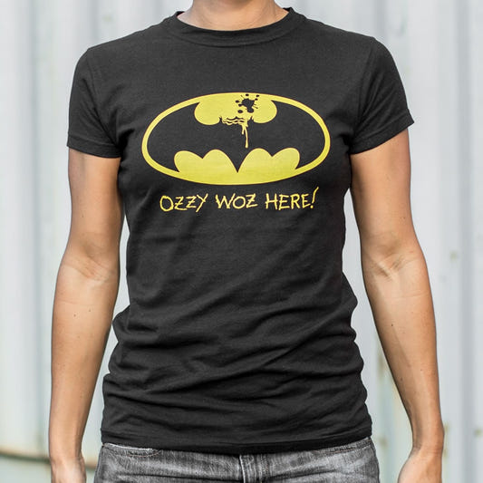 Ozzy Woz Here Bitten Bat Symbol graphic Women's T-Shirt in Midnight