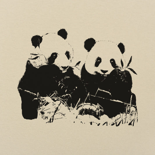 Pandamonium Two Pandas Eating Bamboo graphic Unisex Heavyweight T-Shirt in Sand