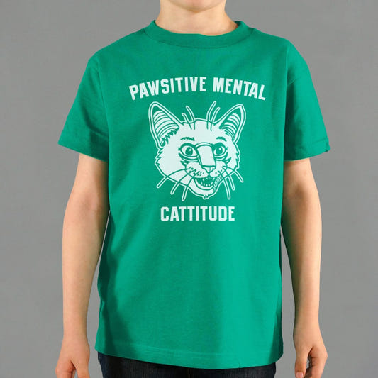 Pawsitive Mental Cattitude Wild Eyed Cat Face graphic Kids T-Shirt in Green
