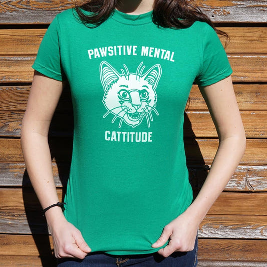 Pawsitive Mental Cattitude Wild Eyed Cat Face graphic Women's T-Shirt in Lucky Green