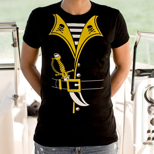 Pirate Costume with Sword and Skull Collar graphic Women's T-Shirt in Midnight