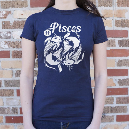Pisces Zodiac Twin Koi Fish Symbol graphic Women's T-Shirt in True Navy