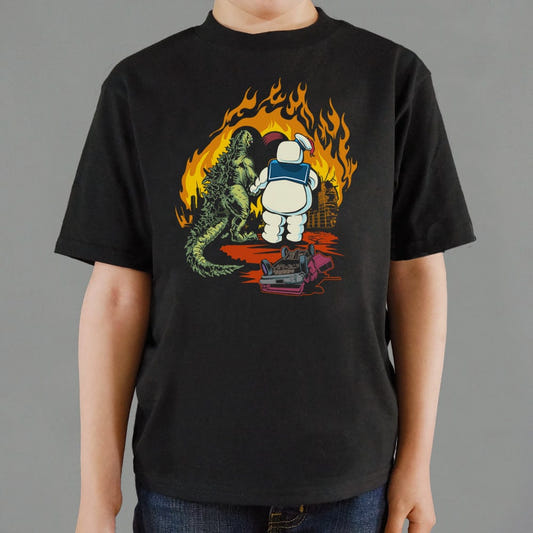A Puft Zilla Moment Giant Marshmallow and Lizard Monsters Full Color graphic Kids T-Shirt in Black