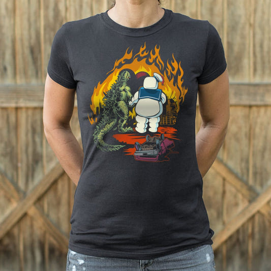 A Puft Zilla Moment Giant Marshmallow and Lizard Monsters Full Color graphic Women's T-Shirt in Midnight