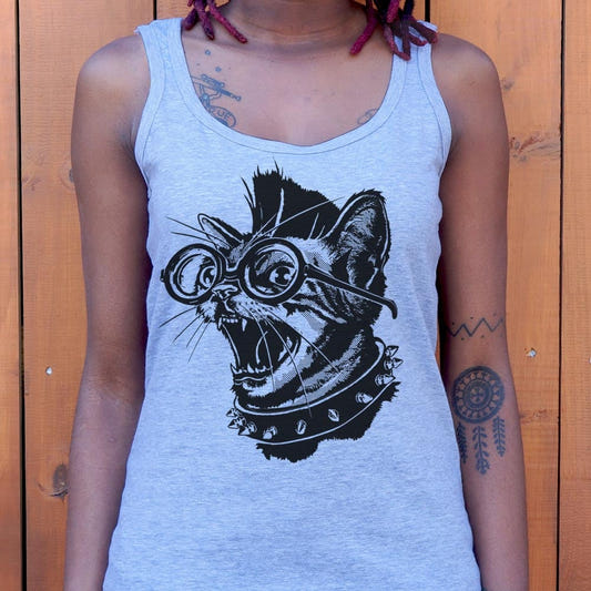 Punk Cat with Spiked Collar and Glasses graphic Women's Tank Top in Gray Granite