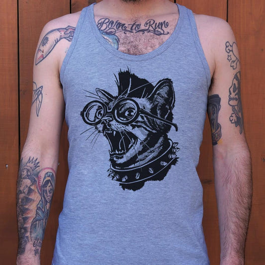 Punk Cat with Spiked Collar and Glasses graphic Men's Tank Top in Gray Heather