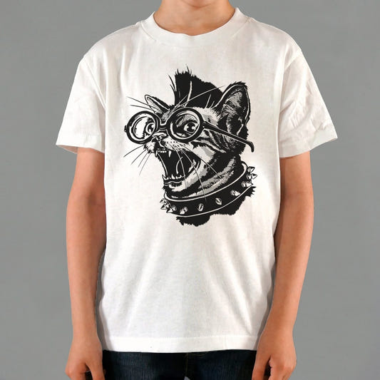 Punk Cat with Spiked Collar and Glasses graphic Kids T-Shirt in White