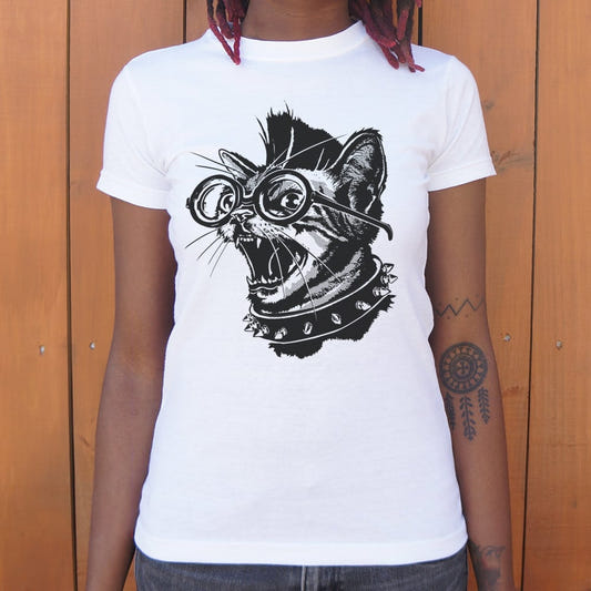 Punk Cat with Spiked Collar and Glasses graphic Women's T-Shirt in Snow