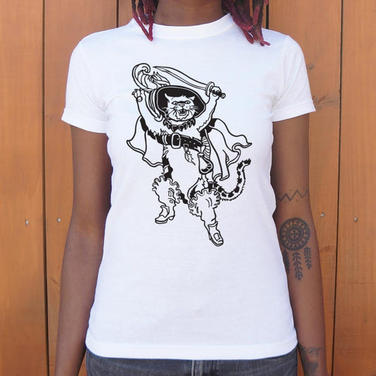 Puss In Boots Swashbuckling Cat with Sword and Cape graphic Women's T-Shirt in Snow