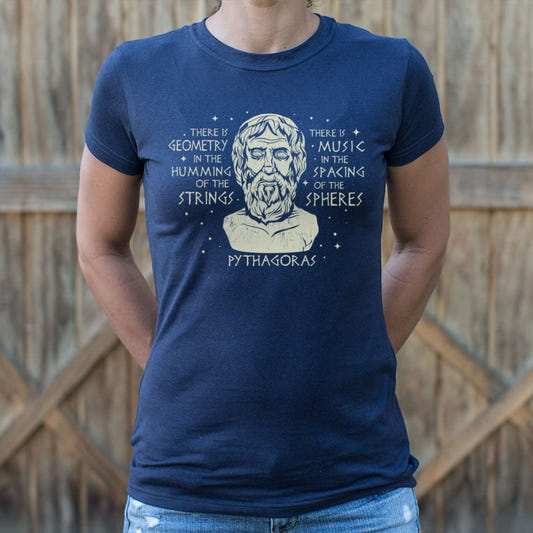 Pythagoras Quote Geometry in Strings Music in Spheres graphic Women's T-Shirt in True Navy