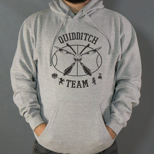 Quidditch Team Crossed Broomsticks Emblem graphic Hoodie in Gray Heather