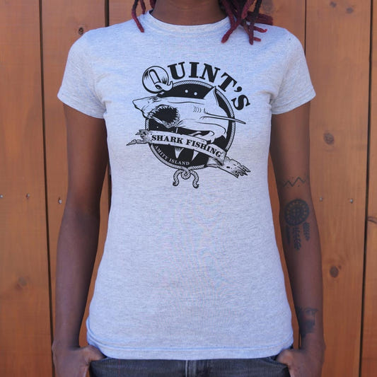 Quint's Shark Fishing Amity Island Vintage Shark Emblem graphic Women's T-Shirt in Gray Granite