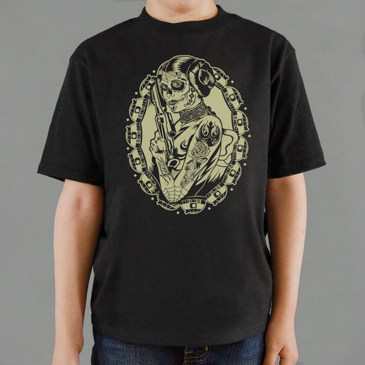 Rebellion Princess Sugar Skull with Blaster graphic Kids T-Shirt in Black