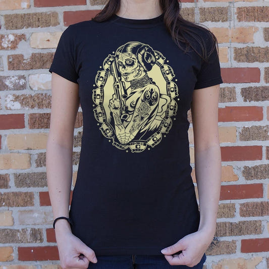 Rebellion Princess Sugar Skull with Blaster graphic Women's T-Shirt in Midnight