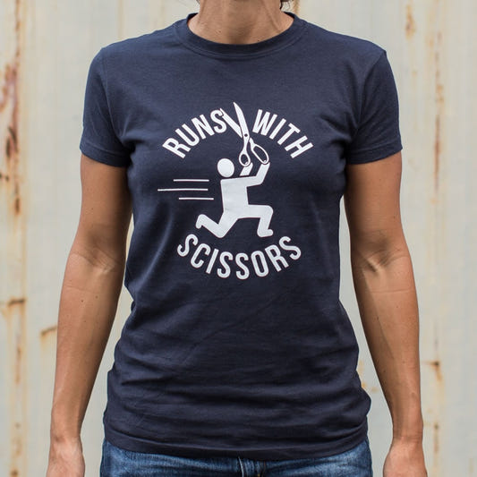Runs With Scissors Stick Figure Warning Sign graphic Women's T-Shirt in True Navy