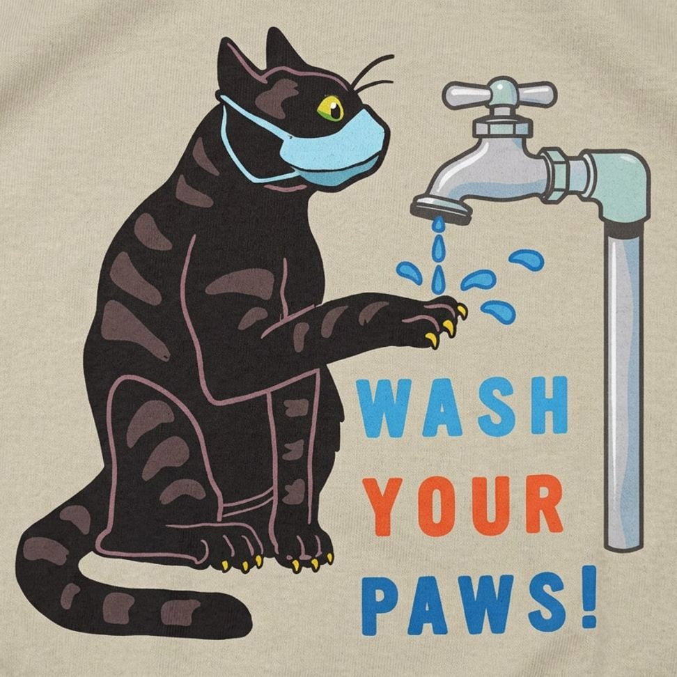 Wash Your Paws Cat Wearing Face Mask at Sink detail