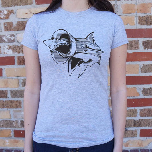 Sharky Boy the Great White Shark in a Cone Collar graphic Women's T-Shirt in Gray Granite