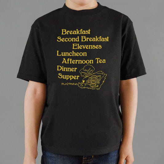 Shire Meals: Breakfast, Second Breakfast, Elevenses & More graphic Kids T-Shirt in Black