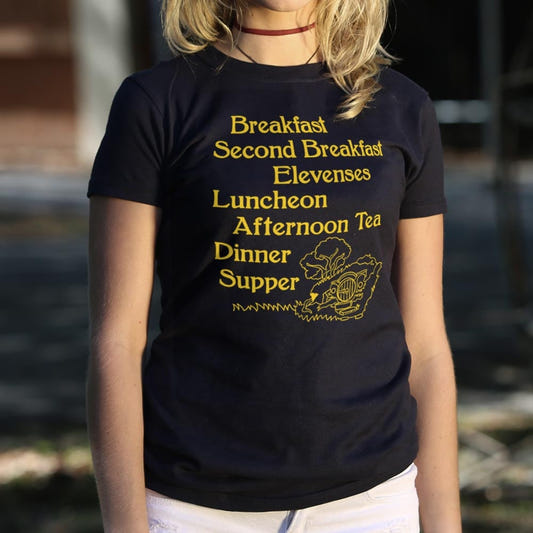 Shire Meals: Breakfast, Second Breakfast, Elevenses & More graphic Women's T-Shirt in Midnight
