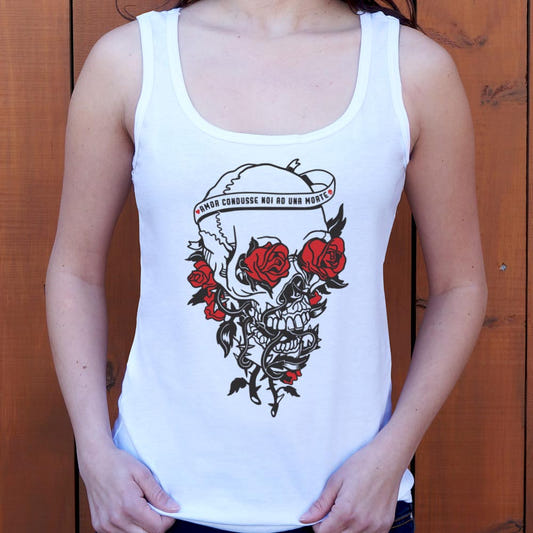 Skull And Roses Tattoo Design with Love and Death Banner graphic Women's Tank Top in Snow