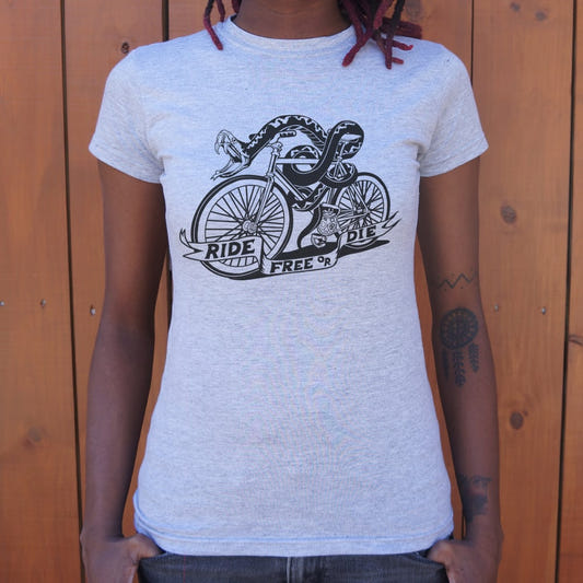 Ride Free or Die Tattoo Style Snake Riding a Bicycle graphic Women's T-Shirt in Gray Granite