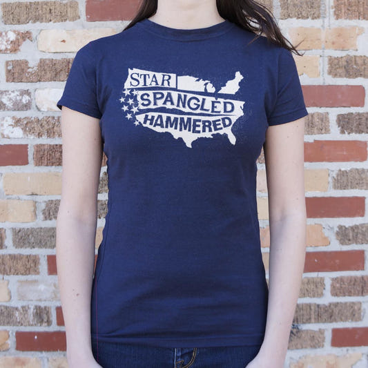 Star-Spangled Hammered USA 4th of July Drinking Design graphic Women's T-Shirt in True Navy