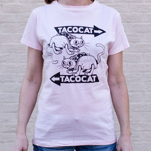 TacoCat Either Way Cat Taco Palindrome graphic Women's T-Shirt in Soft Pink