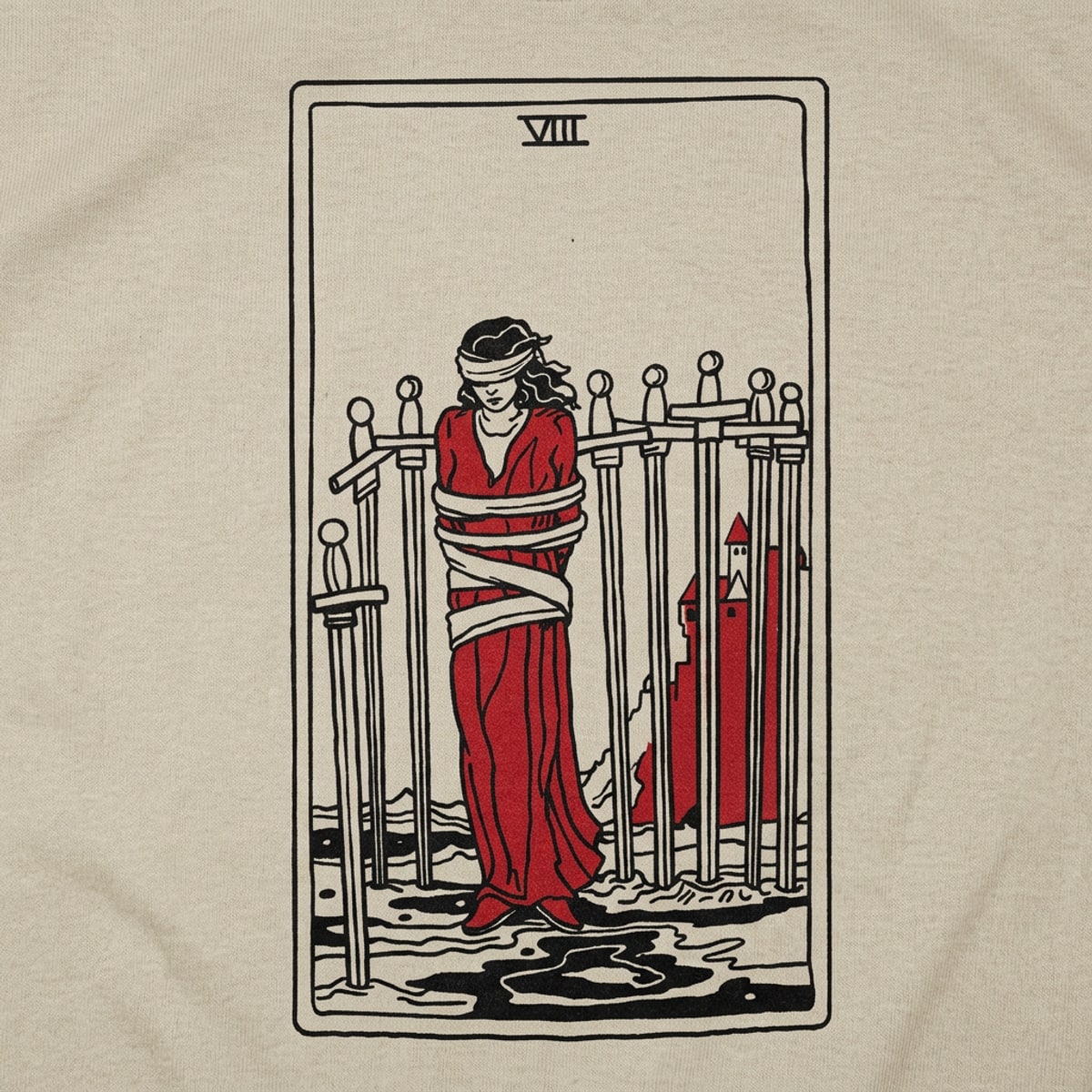 Tarot Card Eight Of Swords Blindfolded Woman Bound detail