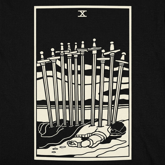 Tarot Ten of Swords Card with Fallen Figure detail