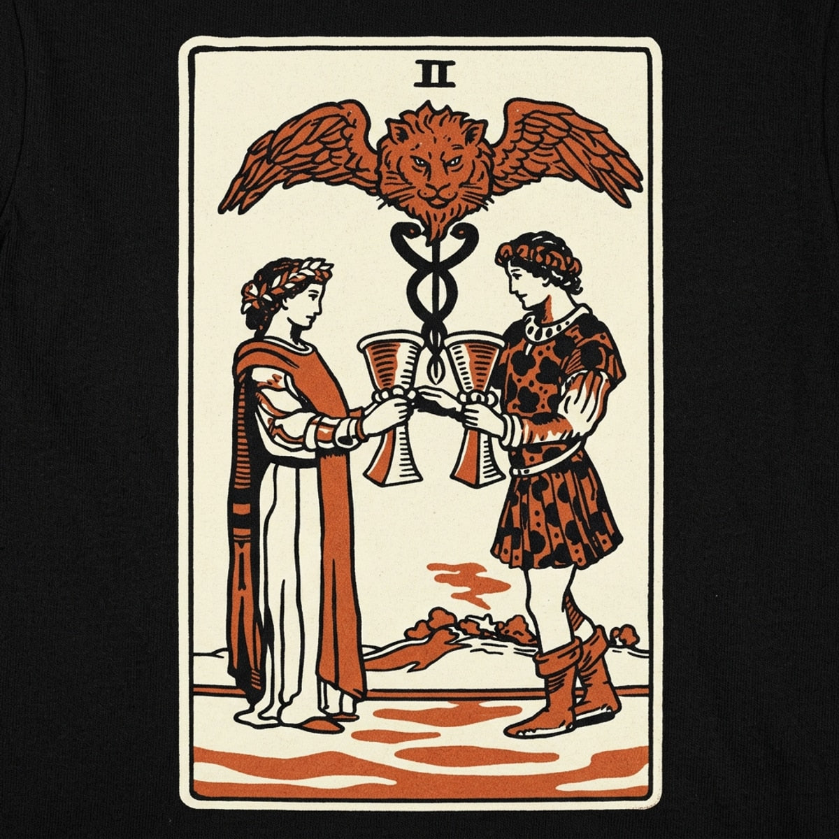 Tarot Two of Cups Lovers Toasting with a Winged Caduceus detail