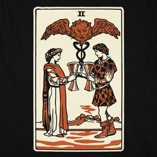 Tarot Two of Cups Lovers Toasting with a Winged Caduceus detail