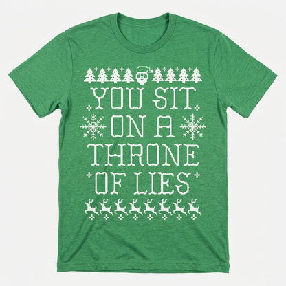 Throne of Lies Ugly Christmas Sweater Santa Quote in Kelly Green Heather