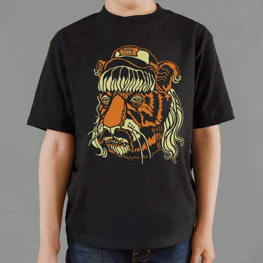 Tiger Man Mullet Half Man Half Tiger Face graphic Kids T-Shirt in Black