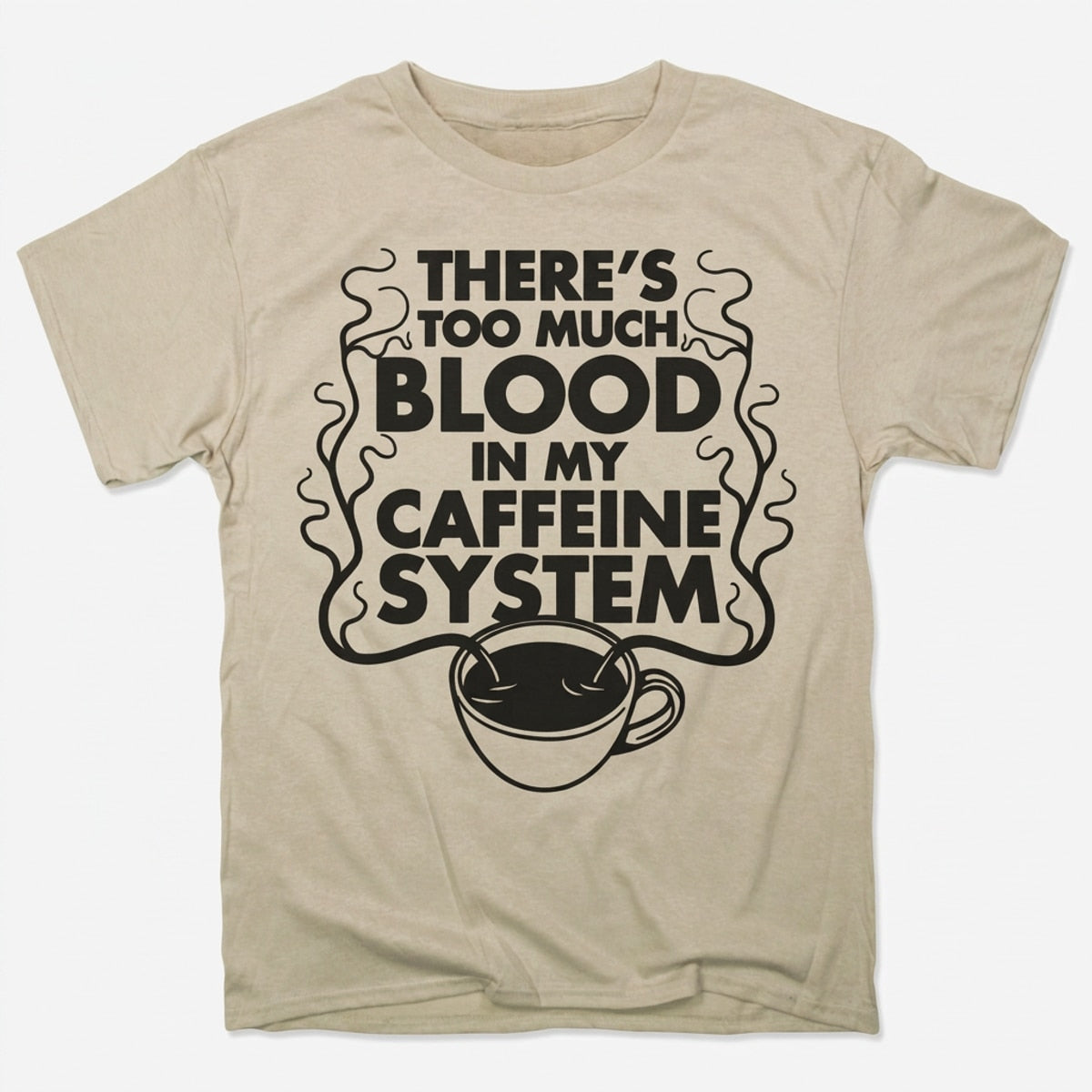 Too Much Blood in My Caffeine System Coffee Cup in Sand