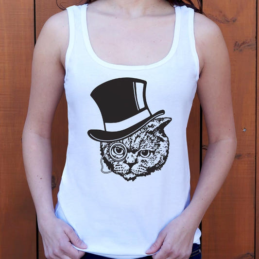 Top Hat Cat with Monocle Fancy Feline Gentleman graphic Women's Tank Top in Snow