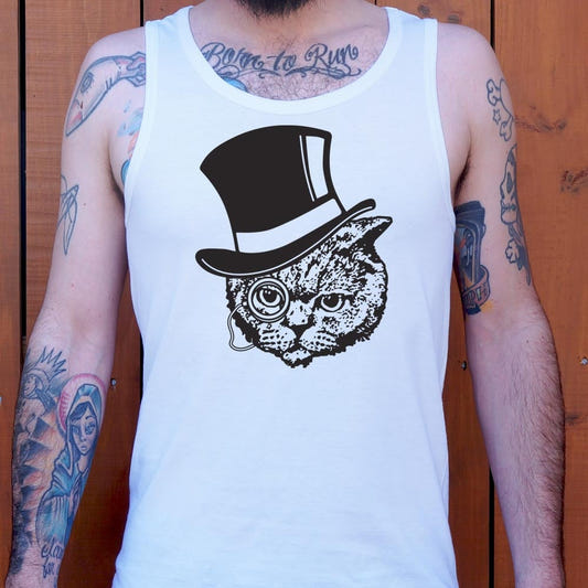 Top Hat Cat with Monocle Fancy Feline Gentleman graphic Men's Tank Top in White