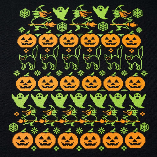 Ugly Halloween Sweater Pattern Pumpkins Ghosts Witches detail