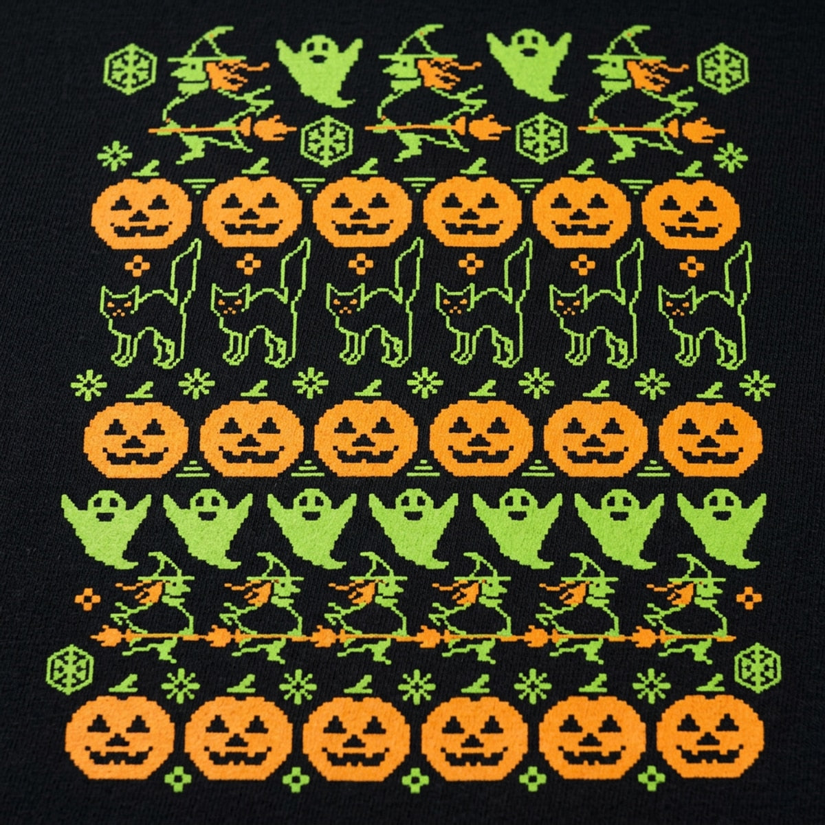 Ugly Halloween Sweater Pattern Pumpkins Ghosts Witches detail