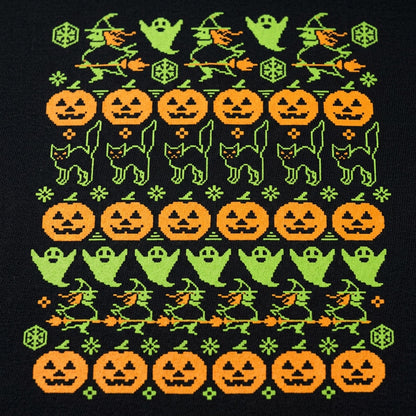Ugly Halloween Sweater Pattern Pumpkins Ghosts Witches detail