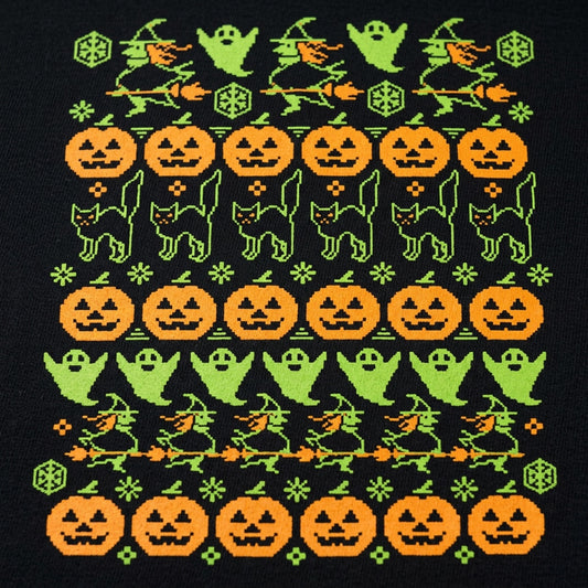 Ugly Halloween Sweater Pattern Pumpkins Ghosts Witches detail