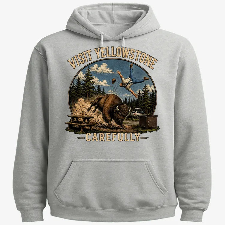 Visit Yellowstone Carefully-Hoodie-Gray Heather