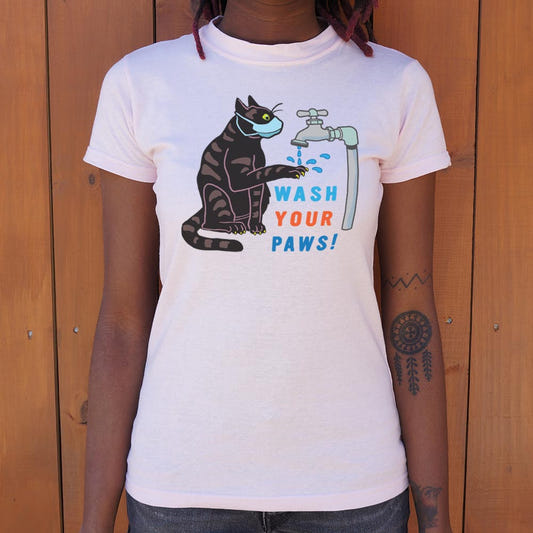 Wash Your Paws Cat Wearing Face Mask at Sink graphic Women's T-Shirt in Soft Pink