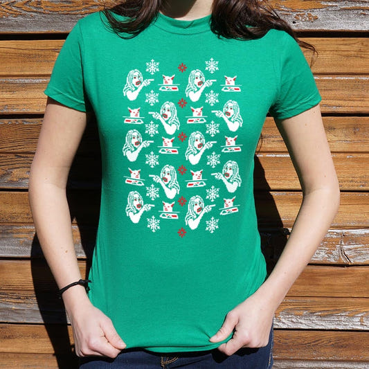Woman Yelling At Cat Ugly Christmas Sweater Pattern graphic Women's T-Shirt in Lucky Green